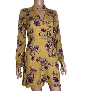 How.very.loved Dress Mustard Yellow floral long sleeve chocker neck SZ M